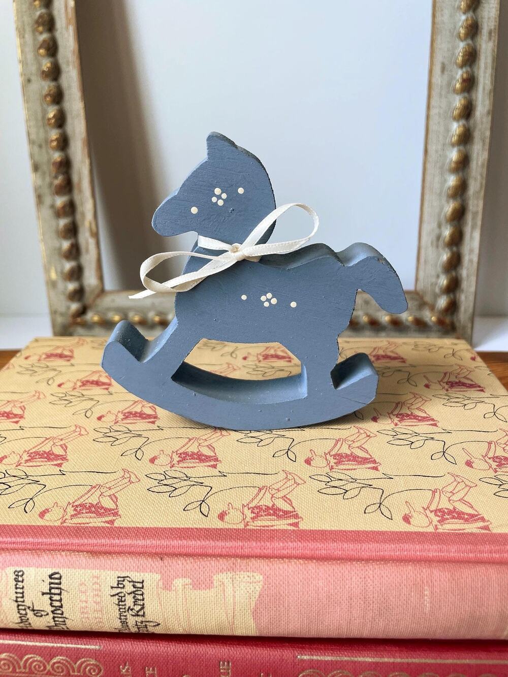 Hand‑Painted Blue Wooden Rocking Horse Figurine Vintage Nursery